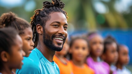 Coach Smiling with Young Athletes