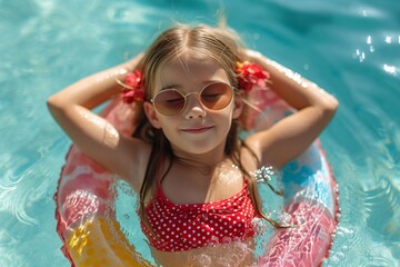 Sunny Summer Splash A Young Girl Lays Back in a Pool with Sunglasses and a Polka Dot Bikini Generative AI