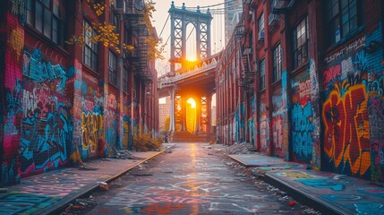 Graffiti-Covered Alleyway Leads to a Bridge with a Sunset Glow Generative AI - obrazy, fototapety, plakaty
