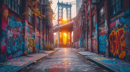 Foto op Plexiglas Graffiti-Covered Alleyway Leads to a Bridge with a Sunset Glow Generative AI © Bipul Kumar
