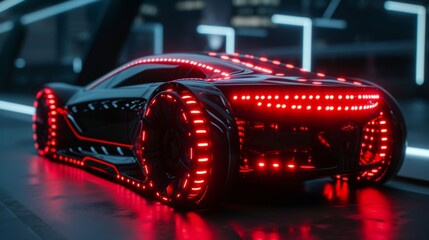 A closeup of a selfdriving car with glowing red LED lights on its front and sides highlighting its...