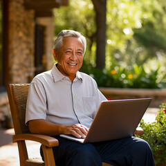 Obraz premium lifestyle photo senior using laptop computer.