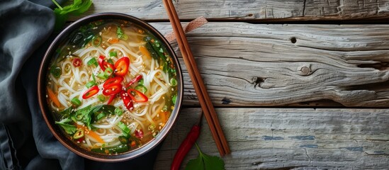 Delicious Yunnan Rice Noodle Soup Served on a Rustic Wooden Table - obrazy, fototapety, plakaty