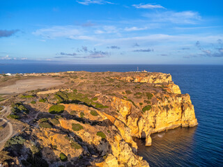 Aerialview landscape Portugal Algarve, ocean, rocks, turquoise coast, water, stones, view.