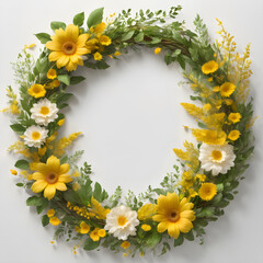 Fototapeta premium Sunflower Bouquet in a White Frame Surrounded by Fresh Green Leaves, Capturing the Beauty of Nature in Summer