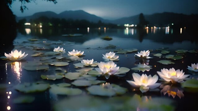 Tranquil Water Lilies Floating on a Calm Lake at Night, Illuminated by Moonlight, Conveying Peacefulness and Natural Beauty