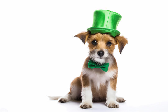 A cute puppy or dog wearing green hat for celebrating St Patrick's Day isolated on white background. Irish Day. Image or Irish Day holiday, event promotion or sale