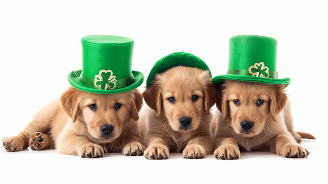 Three cute puppies or dogs wearing green hat for celebrating St Patrick's Day isolated on white background. Irish Day. Image or Irish Day holiday, event promotion or sale