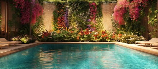 Floral Oasis: A Mesmerizing Pool Surrounded by a Sea of Exquisite Flowers and a Poolside Bursting with Vibrant Blooms.