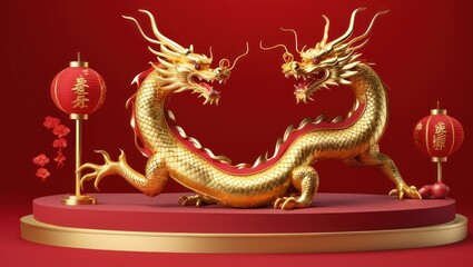 Fototapeta premium 3D Chinese dragon podium for Lunar New Year 2024 celebrations.