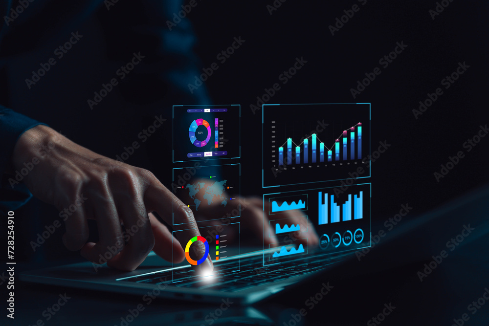 Poster research on platform digital technology, analyst manage the system database, analysis data plans, and reports. shows a dashboard chart on the computer. concept of analytics business