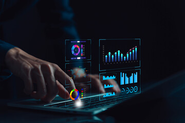 research on platform digital technology, analyst manage the system database, analysis data plans, and reports. shows a dashboard chart on the computer. concept of analytics business