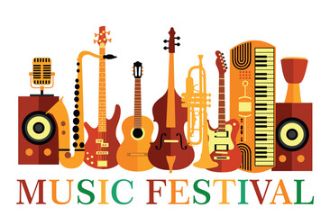 Set of musical instruments colorful vector illustration. Music collection.