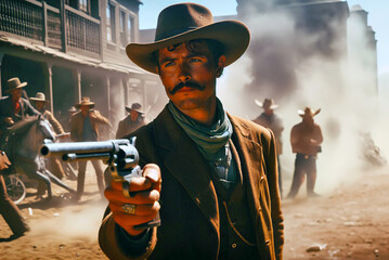 Closeup of cowboy gunfight in the Wild West - obrazy, fototapety, plakaty