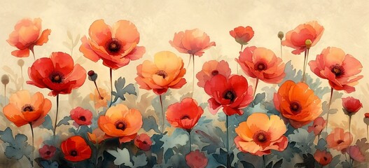 Blooming Beauties A Vibrant Painting of Poppies in a Garden Generative AI