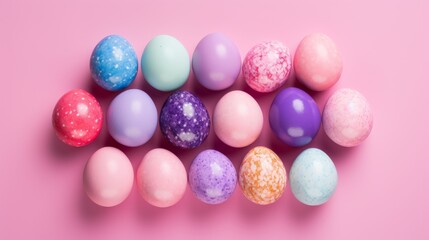 Obraz premium Top view of Easter eggs on pink background. Flat lay. Happy Easter concept.
