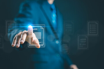 business paperless. businessman manages data on a laptop, document files digital electronic. concept Enterprise Resource Planning system or ERP is software for management recorded in a Database