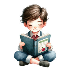 Cartoon girl boy character study, school child reading open paper story book from library, cute little students love literature isolated on white. Children read book set, education vector illustration