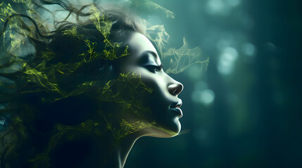 Close-up portrait of an attractive woman combined with plants, created according to an ecological concept