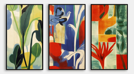 Three abstract painting posters in floral style, nature-inspired shapes.