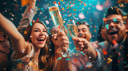 Obraz premium Group of elegant young people having Fun in motion throwing colorful confetti while dancing and toasting glasses of wine together, employees clinking glasses with champagne surrounded by confetti