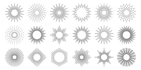 Sunburst. Radial sunlight vintage emblems, bursting rays sunrise. Firework starbursts, blast burst sunset star light sunshine spark. Explode, trendy sunbeam vector set