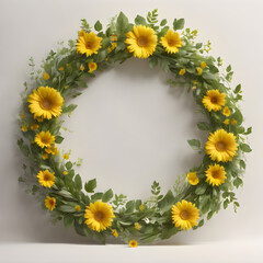 Obraz premium Sunflower Bouquet in a White Frame Surrounded by Fresh Green Leaves, Capturing the Beauty of Nature in Summer