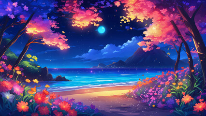 Sea beach with colorful flowers at night.