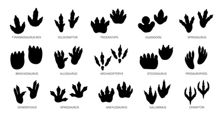 Dinosaur paw. Monster lizard footprint, dino black silhouette footstep. T-rex fossil feet icon, brachiosaurus paws shape. Paleontology. Wild animal. Vector set © Foxy Fox