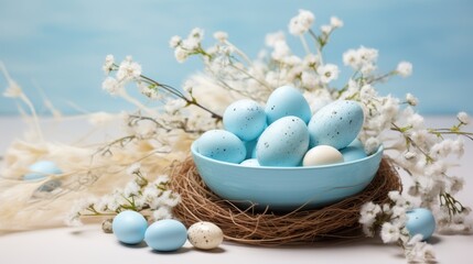 Obraz premium Stylish easter eggs in nest with spring flowers on blue wall background.