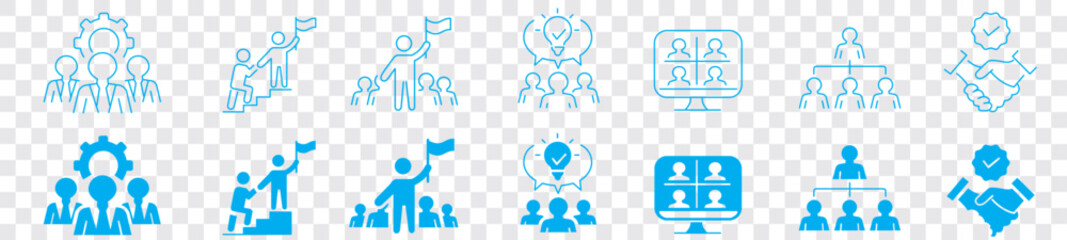 Business Teamwork Co-worker Group Cooperation Collaboration Leader Leadership Manager Management editable stroke icons set collection vector - obrazy, fototapety, plakaty