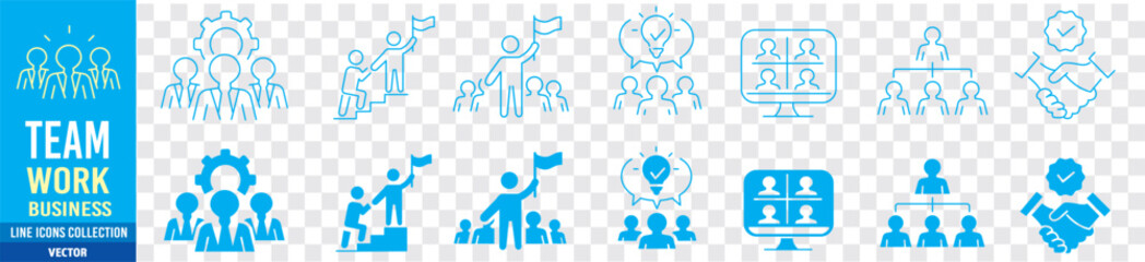 Business Teamwork Co-worker Group Cooperation Collaboration Leader Leadership Manager Management editable stroke icons set collection vector - obrazy, fototapety, plakaty