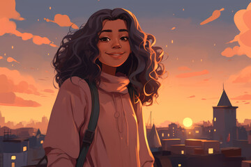A teenage girl enjoys the sunset on the roof of her house overlooking the city