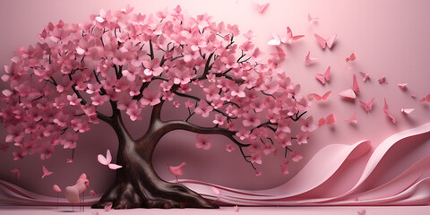  paper cutout of a chery blossom tree with the word cherry on the bottom. 