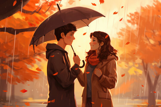 Caucasian teenagers, a boy and a girl, sweetly sharing an umbrella during a gentle autumn rain first teenage crush