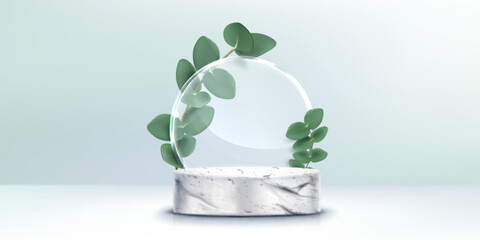 Grey stone marble cylinder podium mockup with eucalyptus plant branch with green leaves, transparent glass circle decorative shape in pastel colored room with floor and wall for product display.