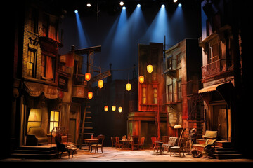 an empty stage set for an urban street scene, in the style of theatrical lighting, vibrant airy...