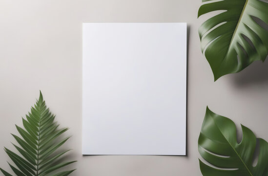 Blank empty cardstock sheet Invitation without text, invitation mockup. Fresh green tropical leaf, beige desk. Flat lay, top view. Soft paper card mock up. Modern Minimal business brand template. A4
