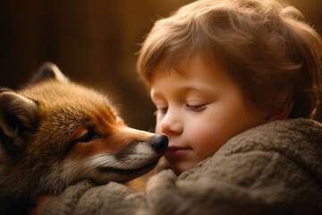Toddler boy tenderly hugs his furry pet red fox