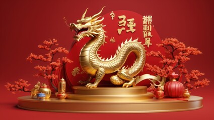 Obraz premium 3D Chinese dragon podium for Lunar New Year 2024 celebrations.