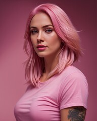 Portrait of beautiful woman model pink hair