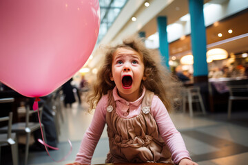 
Photo of a 3-year-old girl, Canadian, in a mall, having a meltdown because she can't have a balloon