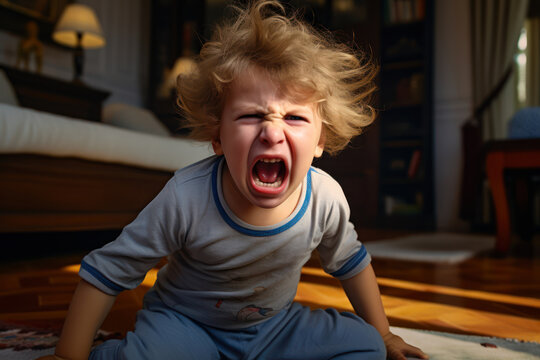 
Photo of a 2-year-old boy, Italian, in a living room, throwing a tantrum over bedtime