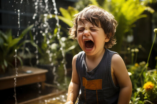 
Photo of a 3-year-old boy, South African, in a garden, crying loudly because he's not allowed to play with water