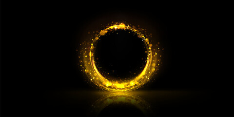 Circle frame with golden bokeh effect isolated on black background. Vector realistic illustration of round yellow border with shimmering particles and sparkles, reflection on floor, magic light effect