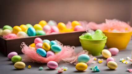 Spring color Easter candies arranged in a thoughtfully decorated setting, such as a cute candy box or ornament.