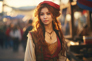
Portrait of an Asian female pirate, about 27 years old, in a bustling port, her face lit by the market's vibrant colors, vintage filter