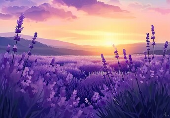 Expansive field of vibrant purple lavender under picturesque sunset capturing essence of summer in Provence scenic landscape is filled with aroma and beauty of blooming lavender