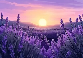 Fototapeta premium Expansive field of vibrant purple lavender under picturesque sunset capturing essence of summer in Provence scenic landscape is filled with aroma and beauty of blooming lavender