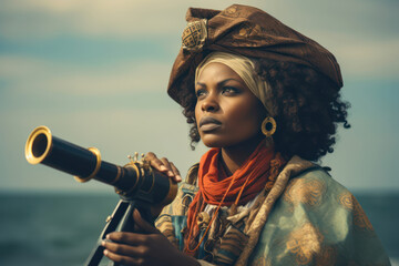 
Portrait of an African female pirate, around 32 years old, looking through a spyglass, with the...
